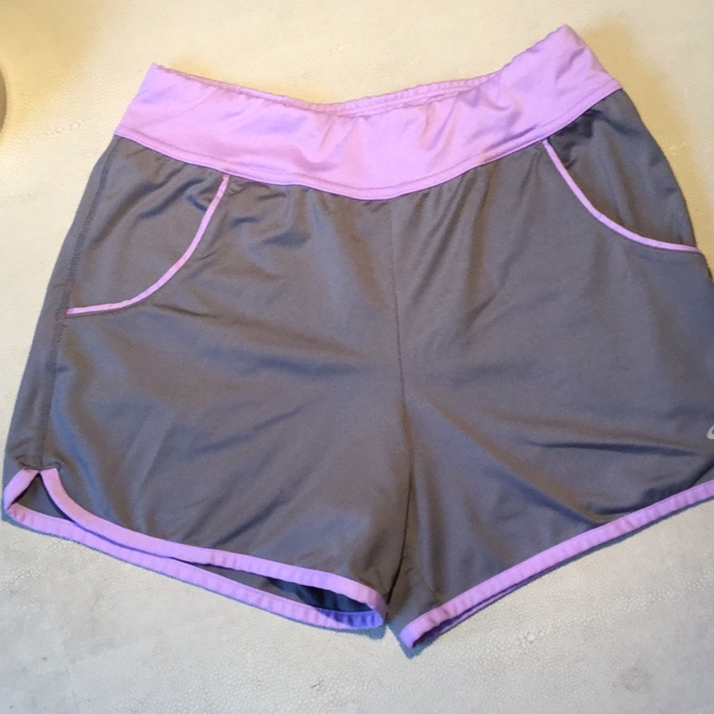 CHAMPION DuoDry Girls Athletic Shorts | Gray w/ Purple Trim | L 10-12